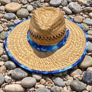 Wide Brim Straw Sun Hat with Blue Trim